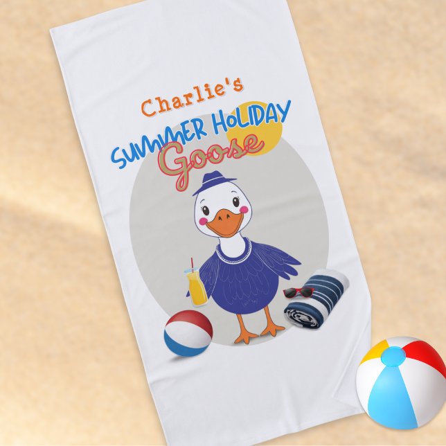 Summer Holiday Goose Cute Personalised Beach Towel (A fun, colorful beach towel with summer holiday goose design, personalized with a name)
