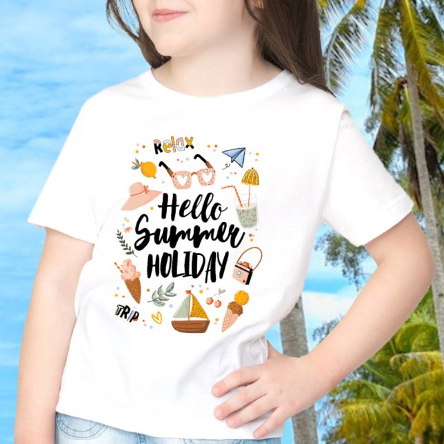Summer Holiday Quote Colourful Cute Graphic Kids T-Shirt (In Context, Girl at the beach)