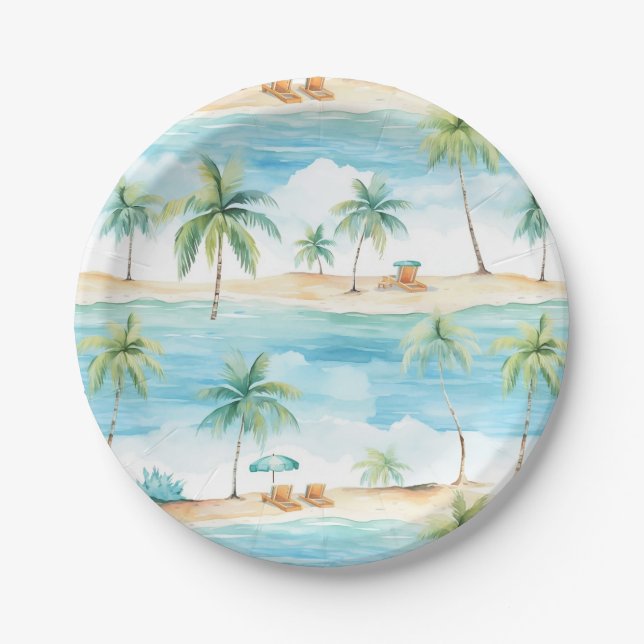 Summer Holidays Beach Palm Trees - Paper Plate (Front)