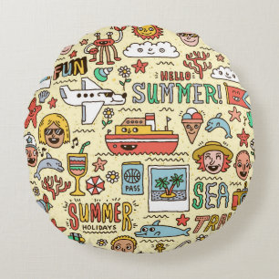 Summer Holidays Travel Doodle Set Round Cushion