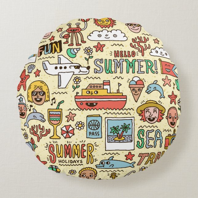 Summer Holidays Travel Doodle Set Round Cushion (Front)
