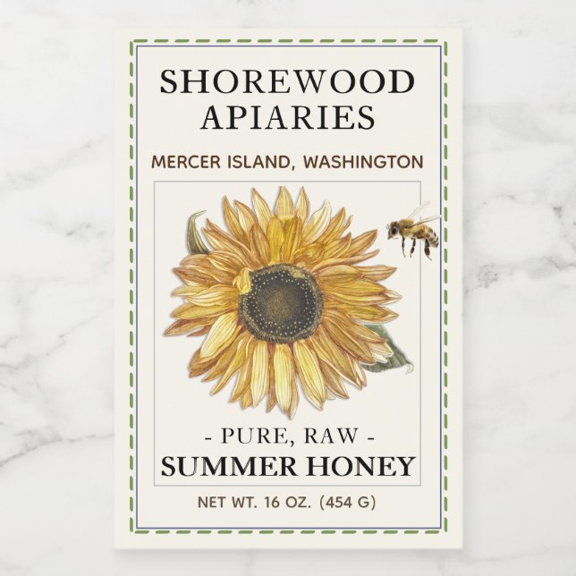 Summer Honey 2x3" Sunflower and Bee Dashed Border Food Label (Single Label)