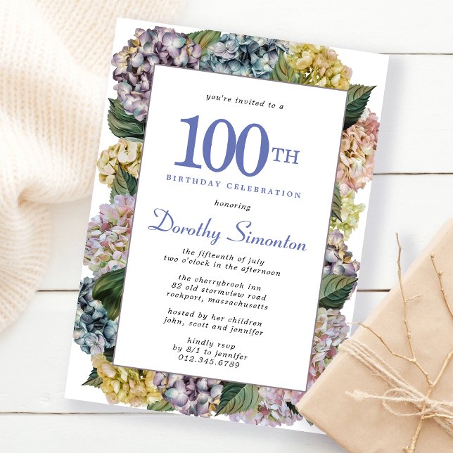 Summer Hydrangea 100th Birthday Party Invitation (Creator Uploaded)