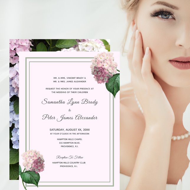 Summer Hydrangea Blossoms, Pink, Green, Wedding In Invitation (Creator Uploaded)
