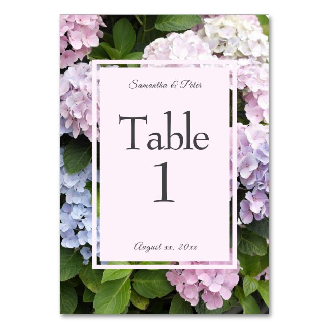 Summer Hydrangea Blossoms Wedding Table Number (Front)