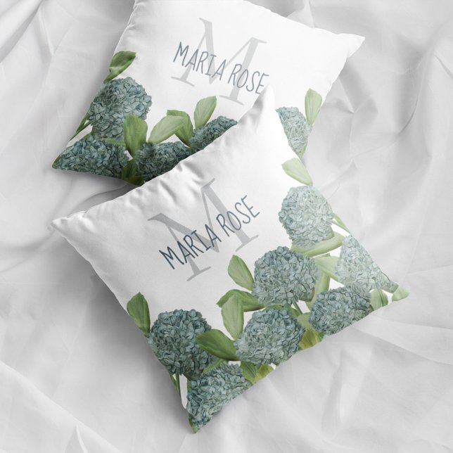 Summer Hydrangea Flowers Chic Elegant Cushion (Blue hydrangea floral monogram pillow with personalized name botanical home decor accent.)