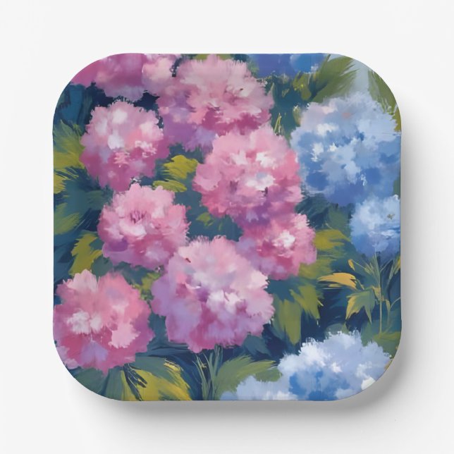 Summer Hydrangeas | Pink & Blue Coastal Flowers Paper Plate (Front)