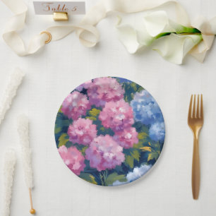 Summer Hydrangeas   Pink & Blue Coastal Flowers Paper Plate