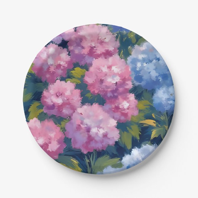 Summer Hydrangeas | Pink & Blue Coastal Flowers Paper Plate (Front)