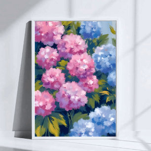 Summer Hydrangeas   Pink & Blue Coastal Flowers Poster