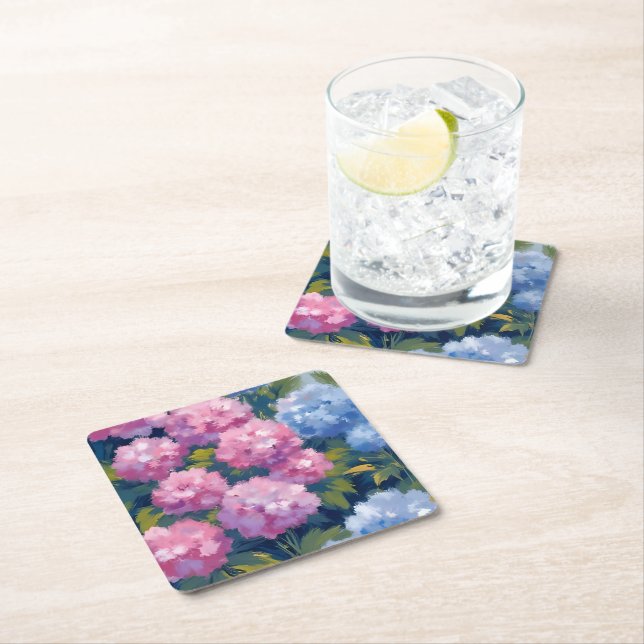 Summer Hydrangeas | Pink & Blue Coastal Flowers Square Paper Coaster (Insitu)