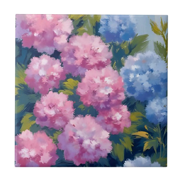 Summer Hydrangeas | Pink & Blue Coastal Flowers Tile (Front)