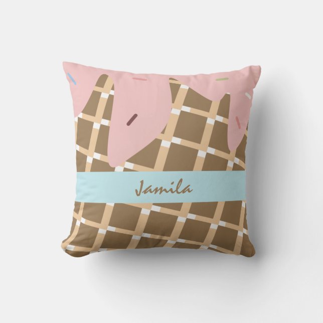 Summer Ice Cream Dripping Cone Sprinkles Pink Name Cushion (Front)