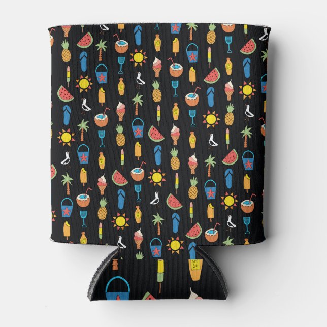 Summer Icons Black Seamless Background Can Cooler (Front)
