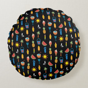 Summer icons seamless vintage pattern black. Repea Round Cushion