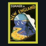 Summer In New England (border) Poster<br><div class="desc">Vintage travel poster promoting summer in New England,  showing a surrealist art deco illustration of a steam train and seaside resort.</div>