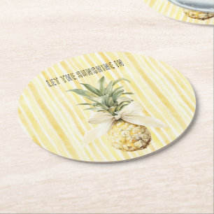 Summer in the Sun Yellow Stripes Pineapple Round Paper Coaster