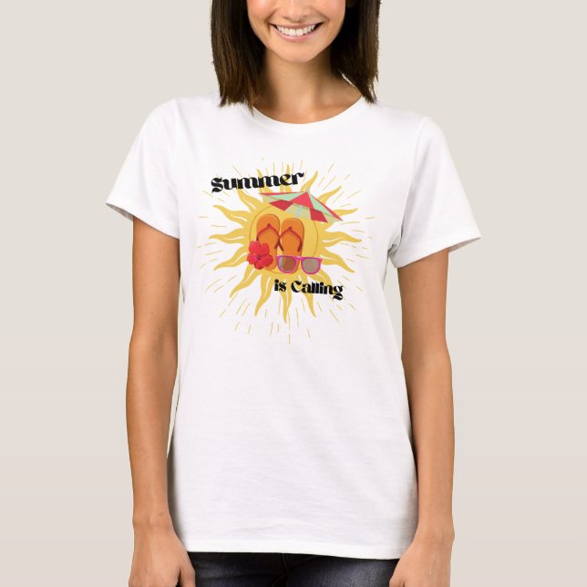 "Summer is Calling" with sunshine and beach gear, T-Shirt (Front)
