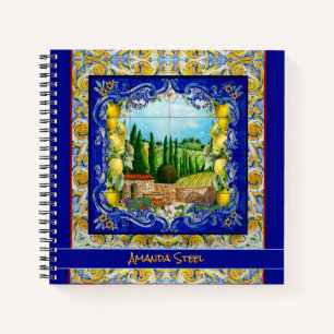 Summer Italian Blue Majolica Tiles Citrus Monogram Notebook