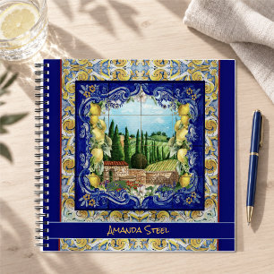 Summer Italian Blue Majolica Tiles Citrus Monogram Notebook
