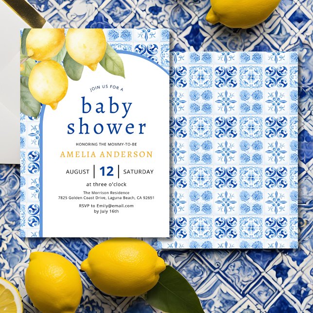 Summer Italian Blue Tiles Lemon Baby Shower Invitation (Creator Uploaded)