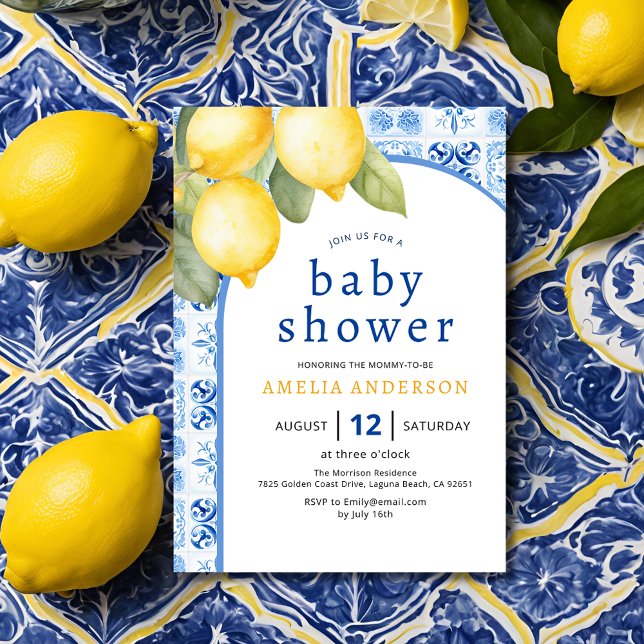 Summer Italian Blue Tiles Lemon Baby Shower Invitation (Creator Uploaded)