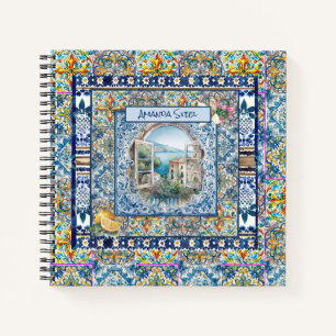 Summer Italian Floral Blue Tile Citrus Monogram Notebook