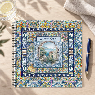 Summer Italian Floral Blue Tile Citrus Monogram Notebook