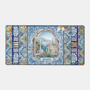 summer italian floral blue tiles citrus monogram desk mat
