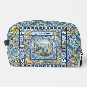 summer italian floral blue tiles citrus monogram dopp kit