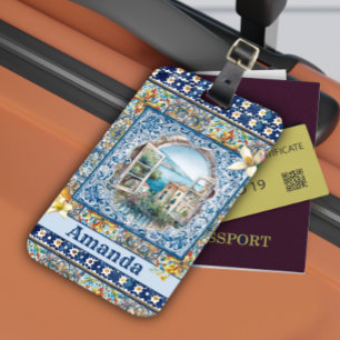 summer italian floral blue tiles citrus monogram luggage tag