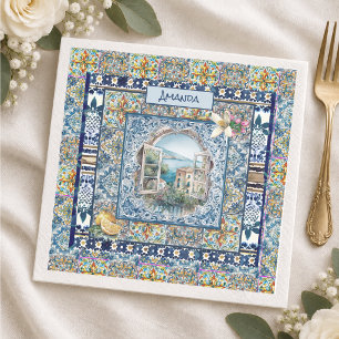 summer italian floral blue tiles citrus monogram napkin