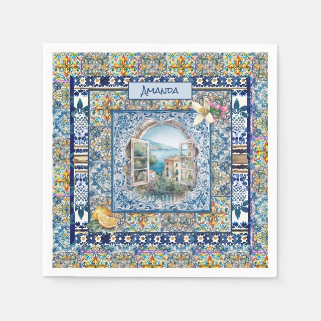 summer italian floral blue tiles citrus monogram napkin (Front)
