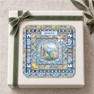 summer italian floral blue tiles citrus monogram square sticker
