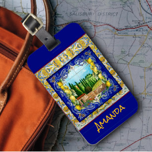 summer italian Majolica blue tiles citrus garden  Luggage Tag