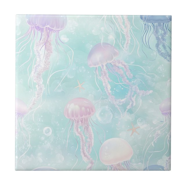 Summer Jellyfish Coastal Pattern Tile (Front)