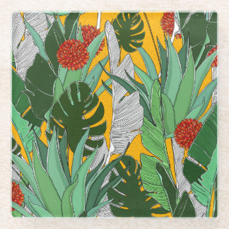 Summer Jungle: Bright Palm Pattern. Glass Coaster