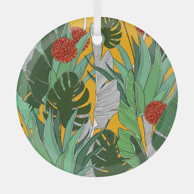 Summer Jungle: Bright Palm Pattern. Glass Tree Decoration (Front)