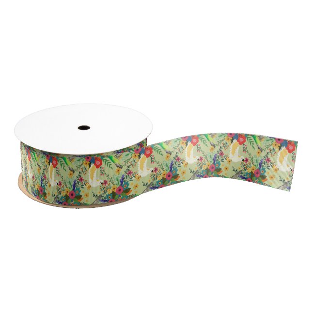 Summer Jungle Tropical Parrot Flowers Blossom Grosgrain Ribbon (Spool)