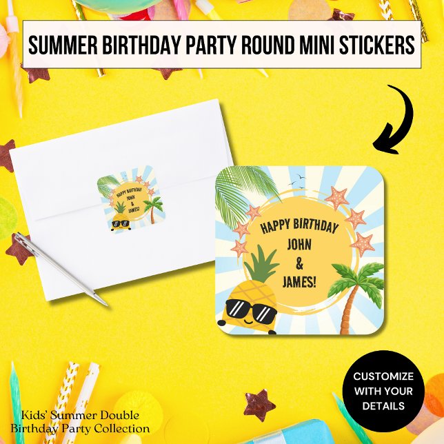 Summer Kids Double Birthday Party Square Sticker (Creator Uploaded)