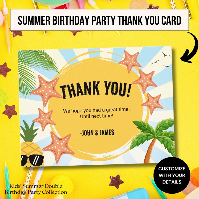 Summer Kids Double Birthday Thank You Postcard (Creator Uploaded)