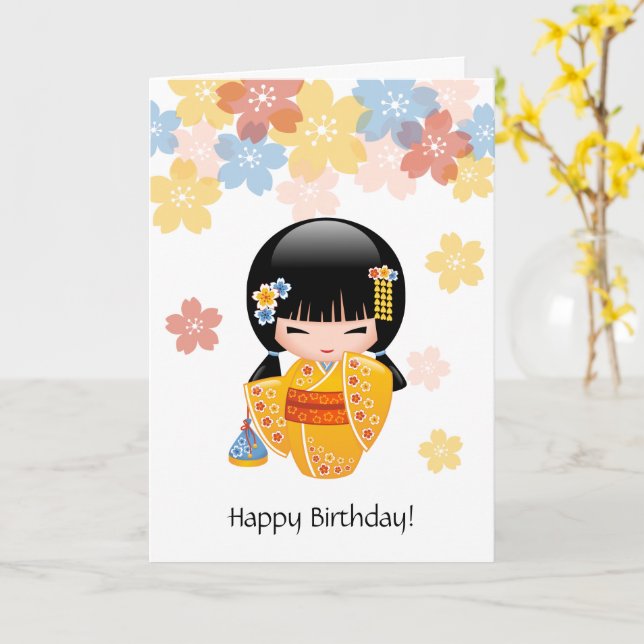 Summer Kokeshi Doll - Cute Japanese Girl Birthday Card (Yellow Flower)