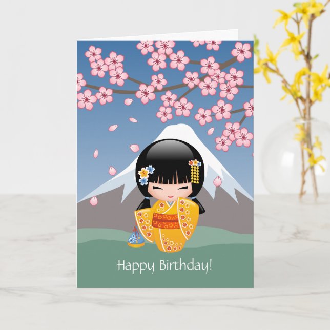 Summer Kokeshi Doll - Cute Japanese Girl Birthday Card (Yellow Flower)