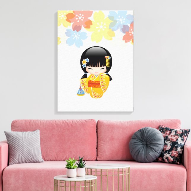 Summer Kokeshi Doll - Yellow Kimono Geisha Girl Canvas Print (Insitu(LivingRoom))