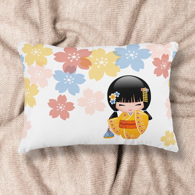 Summer Kokeshi Doll - Yellow Kimono Geisha Girl Decorative Cushion (Creator Uploaded)