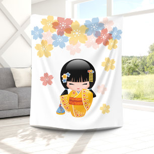 Summer Kokeshi Doll - Yellow Kimono Geisha Girl Fleece Blanket
