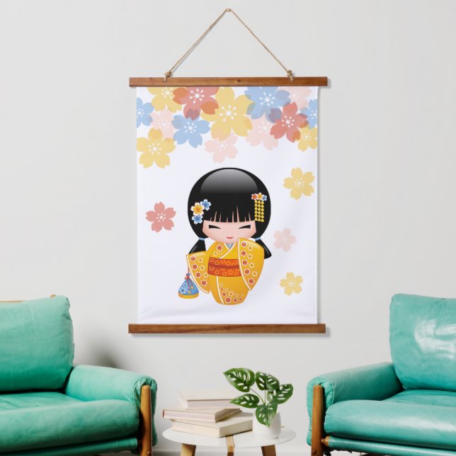 Summer Kokeshi Doll - Yellow Kimono Geisha Girl Hanging Tapestry (Living Room)
