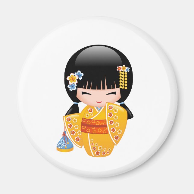 Summer Kokeshi Doll - Yellow Kimono Geisha Girl Magnet (Front)