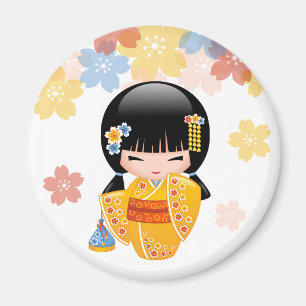 Summer Kokeshi Doll - Yellow Kimono Geisha Girl Magnet