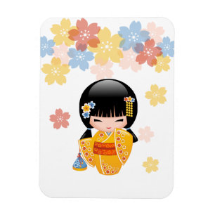 Summer Kokeshi Doll - Yellow Kimono Geisha Girl Magnet